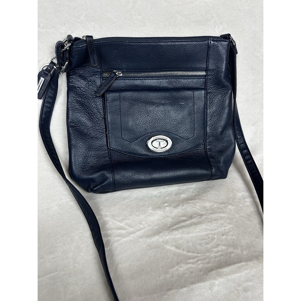 Tignanello Pebbled Leather Suede Navy Blue Crossbody Bag Purse Vintage‎